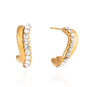 Golden C-shaped stainless steel earrings with single row rhinestone inlay on white background