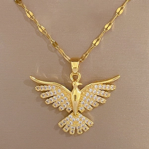 Elegant gold phoenix necklace with sparkling zircon wings for wedding and formal banquets