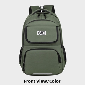 Front view of army green business laptop backpack with SRT FASHION label and mesh side pockets