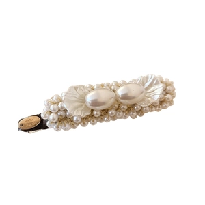 French style faux pearl flower hair clip with golden weave and handmade metal tag
