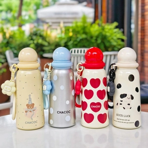 Four colorful stainless steel vacuum flasks with spherical lids and matching silicone straps
