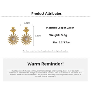 Detail view of golden sunburst earrings with zircon inlay showing 3.2cm by 1.7cm dimensions