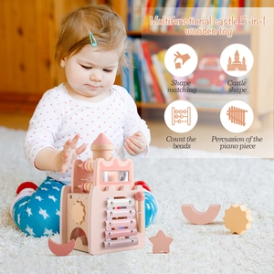5-in-1 pink wooden castle activity toy for baby early education and shape matching
