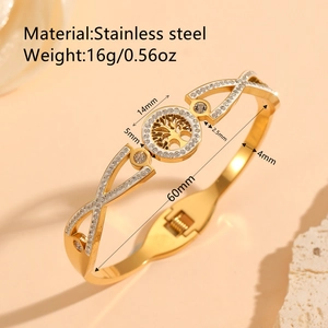 18K gold plated stainless steel Tree of Life cuff bracelet with crystal accents