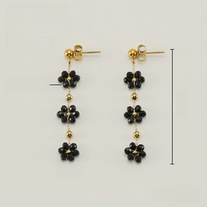 Detail showing dimensions of flower earrings with 18k gold plating and black crystal beads