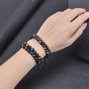 Double-layer braided bracelet with blue tiger eye and hematite beads for men yoga