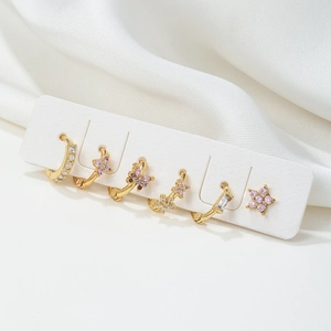 6-piece gold hoop and stud earring set with pink zircon flowers and butterflies