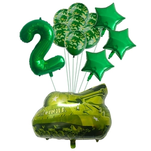 Detail view of military camouflage birthday balloons set featuring a large army tank shape