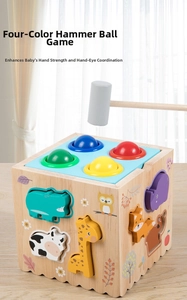 Detailed view of wooden Montessori toy box with color-coded balls and shape sorting holes