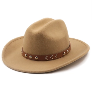 Classic khaki wool wide brim fedora hat with a studded leather band for men and women