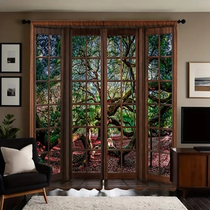 Detail view of 3D forest scenery curtain with vintage window frame design and polyester fabric