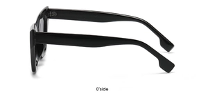 Detailed 0-degree side view of black thick-frame square sunglasses for women