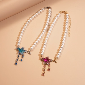 Elegant pearl choker necklace with floral rhinestone pendants in gold and silver finish