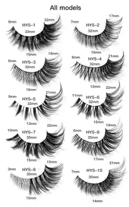 Detailed size chart showing lengths for 10 styles of clear band fox eye false eyelashes