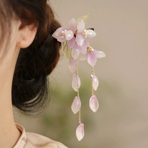 Chinesischer Haarstab Holz Haarnadel Lila Blume Harz Blütenblätter Lange Legierung Quaste Retro Hanfu Accessoire Frauen
