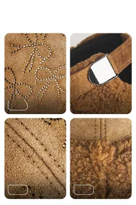Detail of rhinestone bow decoration and adjustable strap on plush winter baseball cap