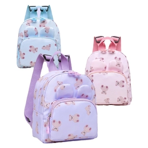 Cartoon school backpack for kids in purple, pink and blue with bear prints and 3D ears