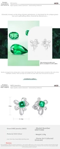 Detailed view of S925 silver bow earrings featuring 4ct lab-grown emerald and zircon