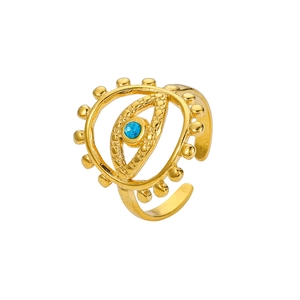 Close-up of gold evil eye open ring featuring a blue central stone and beaded texture