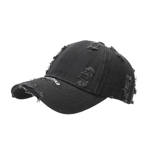 Distressed black denim baseball cap with embroidered CLUB letters and worn-out details