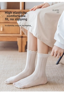 Detail of stretchable ribbed cuff and hollow mesh pattern on cream white socks