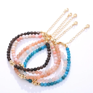 Natural gemstone beaded bracelet with gold heart pendant and adjustable metal chain