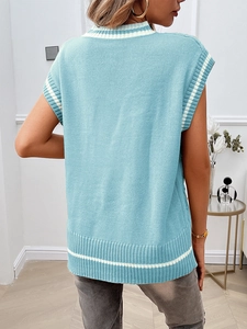 Rear view of light blue knitted V-neck vest with white stripe details on trim
