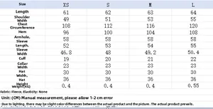 Detailed size chart for women's fleece hoodie and pants set including length and bust measurements