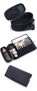 Internal layout of a portable black makeup brush bag with mesh pockets and brush holders