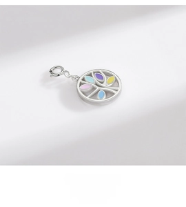 Macro view of S925 sterling silver tree pendant with colorful enamel leaf detail