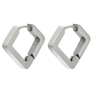 Macro shot of silver square geometric earrings with brushed stainless steel finish