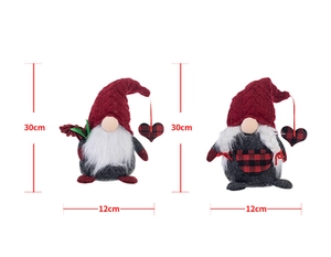 Detailed dimension guide for red and grey knitted Christmas gnomes showing 30cm height