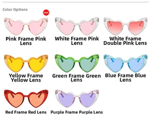 Detail display of glitter heart sunglasses in pink white yellow green blue red and purple