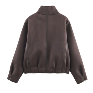Deep brown faux suede jacket for women with leather trim edging, back view on white background