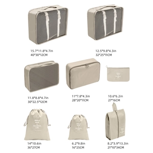 Detailed dimension layout of 8-piece beige travel organizer set with size measurements
