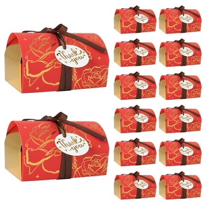 Rote Süßigkeitenboxen mit goldenem Blumenmuster, braunem Band und Dankeschön-Tag