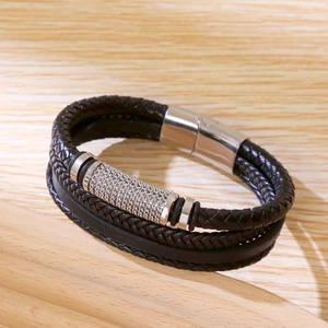 Men's multilayer black braided leather bracelet with crystal cylinder and silver magnet clasp