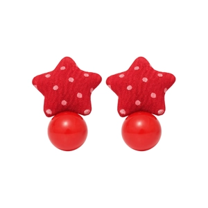Chic red knit star earrings with pink polka dots and glossy bead drop for women