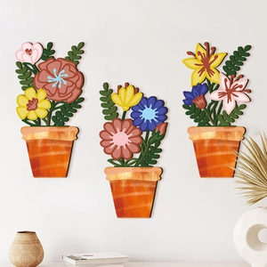 Floral Potted Plant Wooden Wall Hanging Decor Poplar Wood Illustration Art Rural Style For Living Room Bedroom