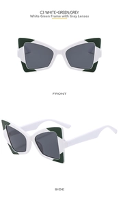 Detailed front and side views of cat eye sunglasses with green and white frames