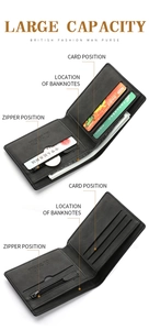 Detailed view of black bifold wallet showing multi-card slots and zippered coin pocket