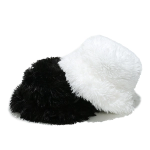 Thick plush bucket hat in black and white faux fur, warm winter headwear for women