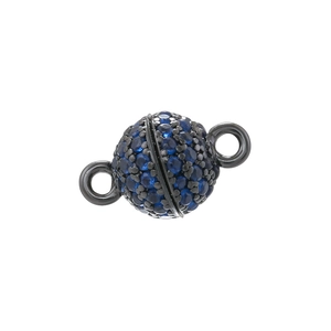 Detailed close-up of a spherical magnetic jewelry clasp with micro-pave blue crystals