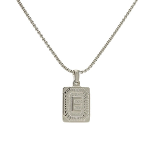 Classic silver rectangular pendant necklace with embossed letter E and sunburst texture