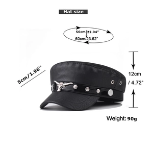 Black PU leather captain hat sizing chart showing dimensions and silver bull logo detail