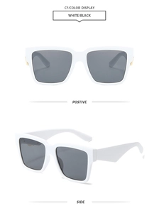 Front and side views of white square oversized sunglasses with gold metal hinges