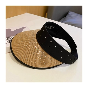 Detail view of woven straw sun visor with rhinestone accents for 54-58cm head sizes