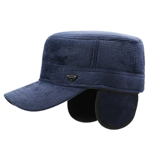 Men's navy fleece flat cap with ear flaps and corduroy texture for winter warmth