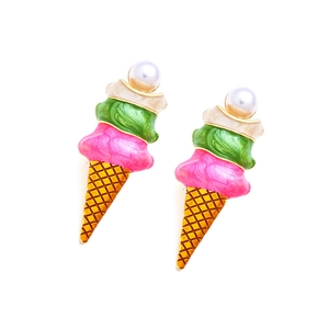 Cute colorful ice cream cone earrings with pearl stud and enamel finish for women