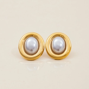 Vintage oval pearl stud earrings with gold-plated stainless steel borders for women
